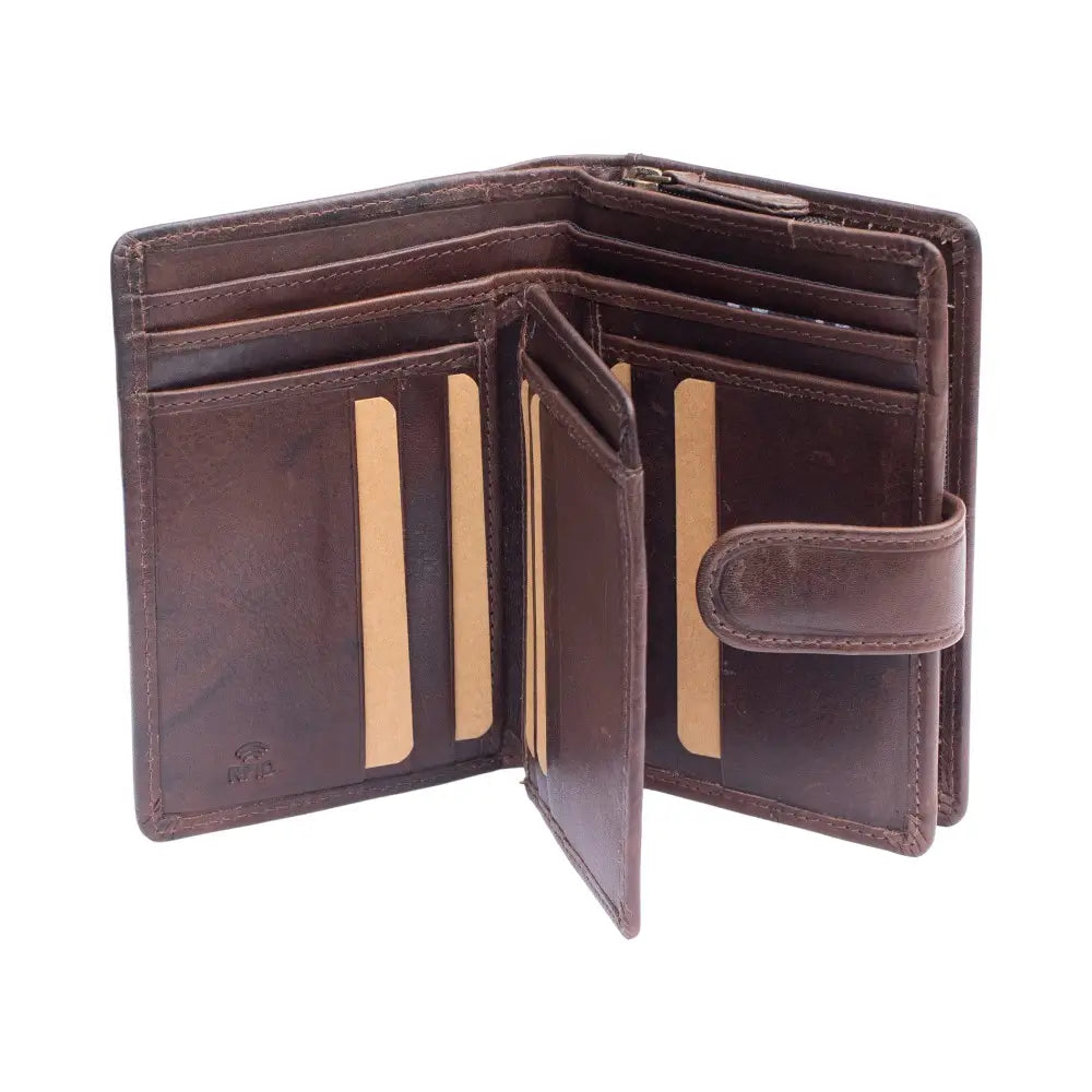 Brown leather wallet with open design on a white background