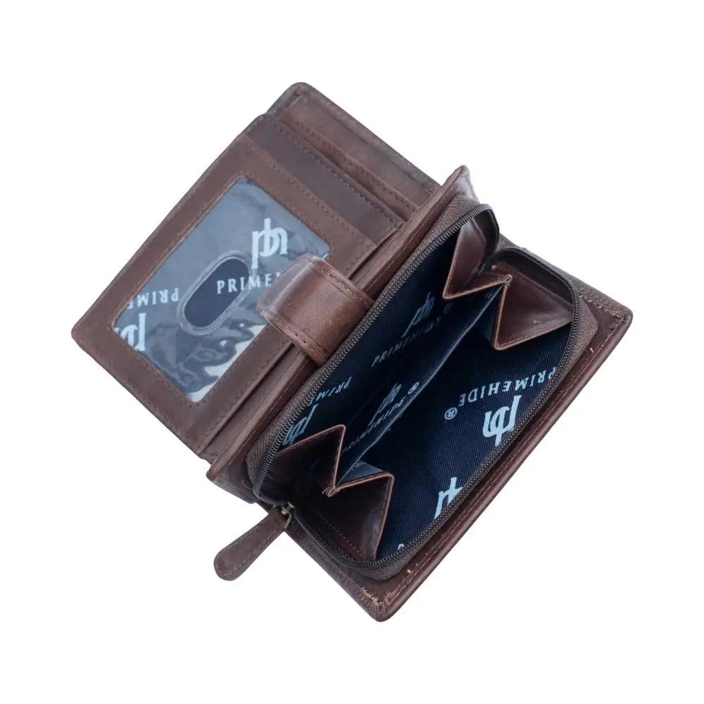 Brown leather wallet with card slots on a white background