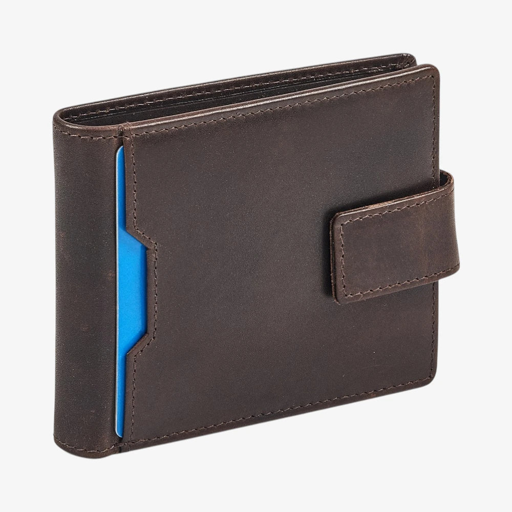 Brown leather wallet with a blue card holder on a white background