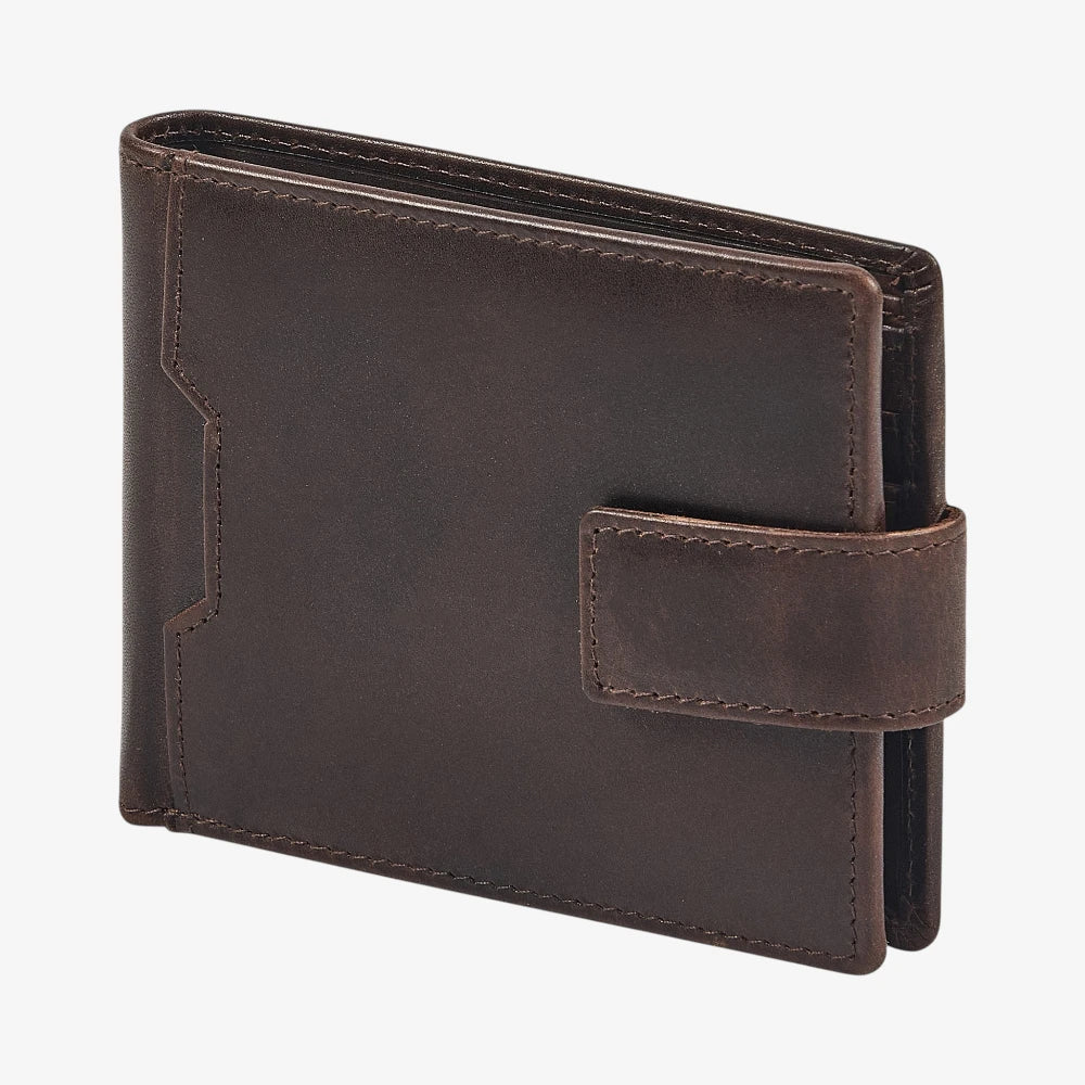 Side view of Brown leather wallet on a white background