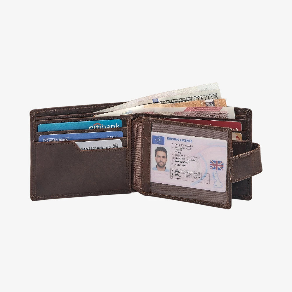 Brown leather wallet with various cards and a driver's license on a white background