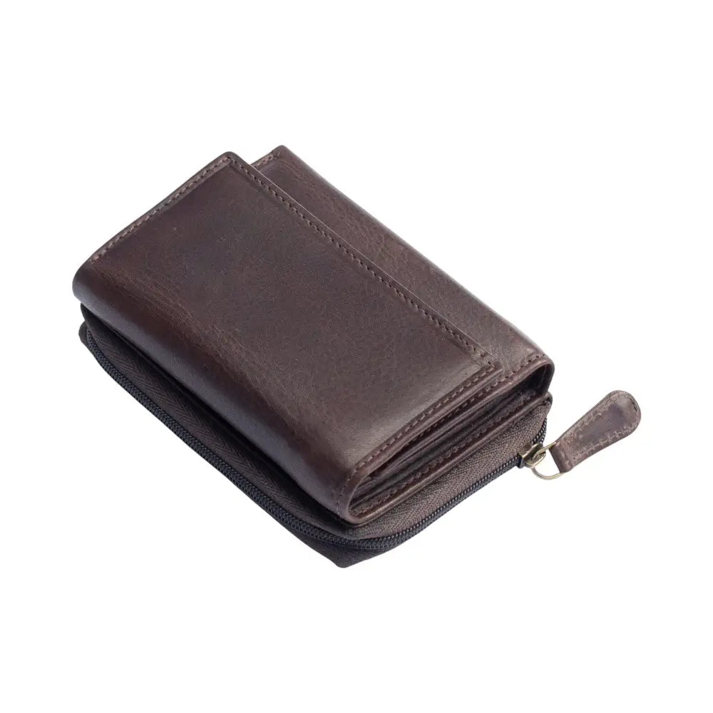 Brown leather wallet with a zipper on a white background