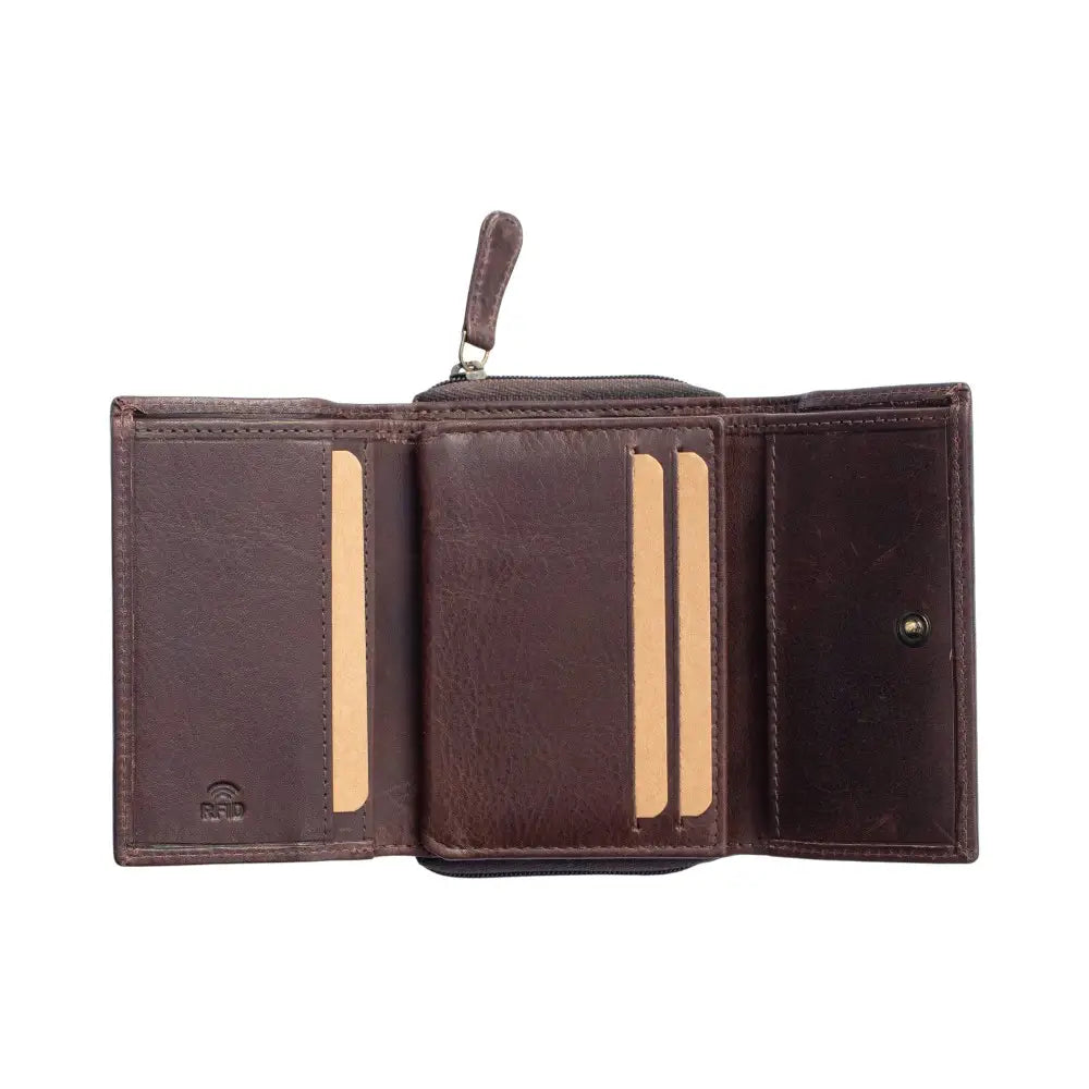 Brown leather wallet with gold accents on a white background