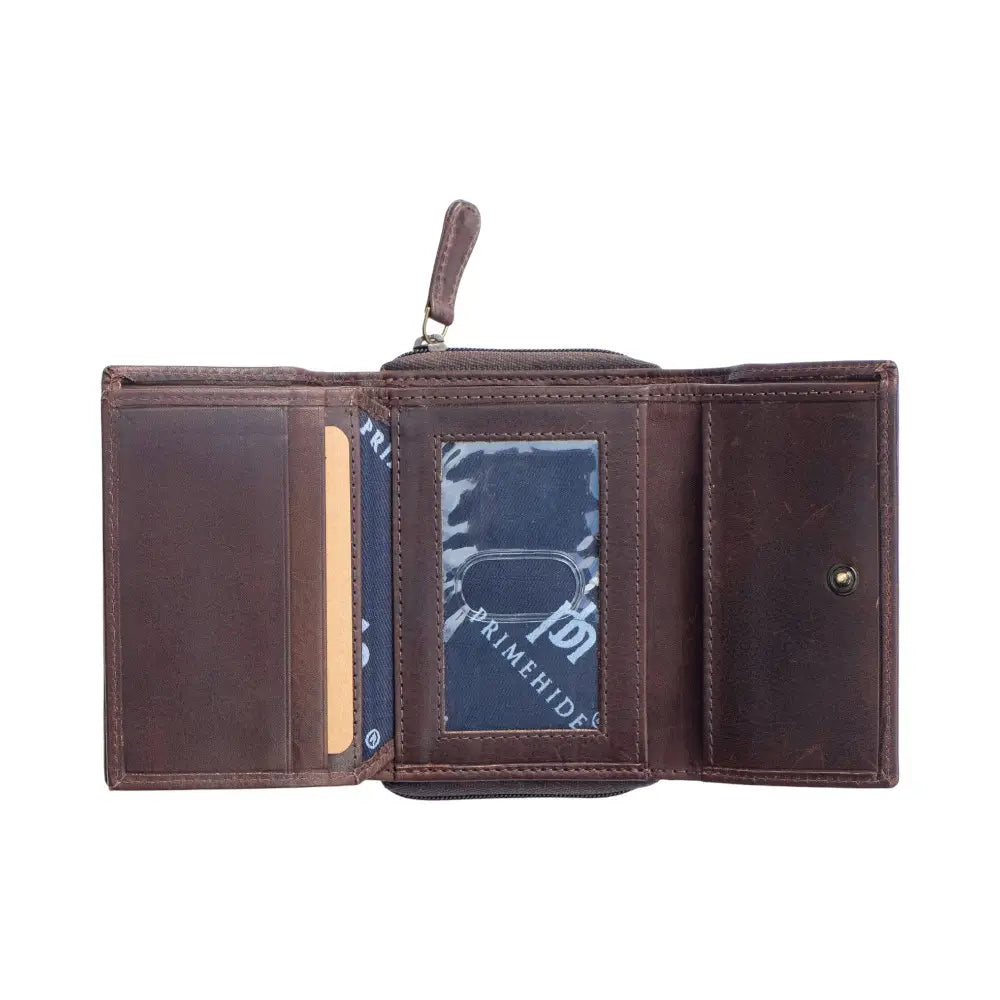 Brown leather wallet with card slots and a clear window, on a white background