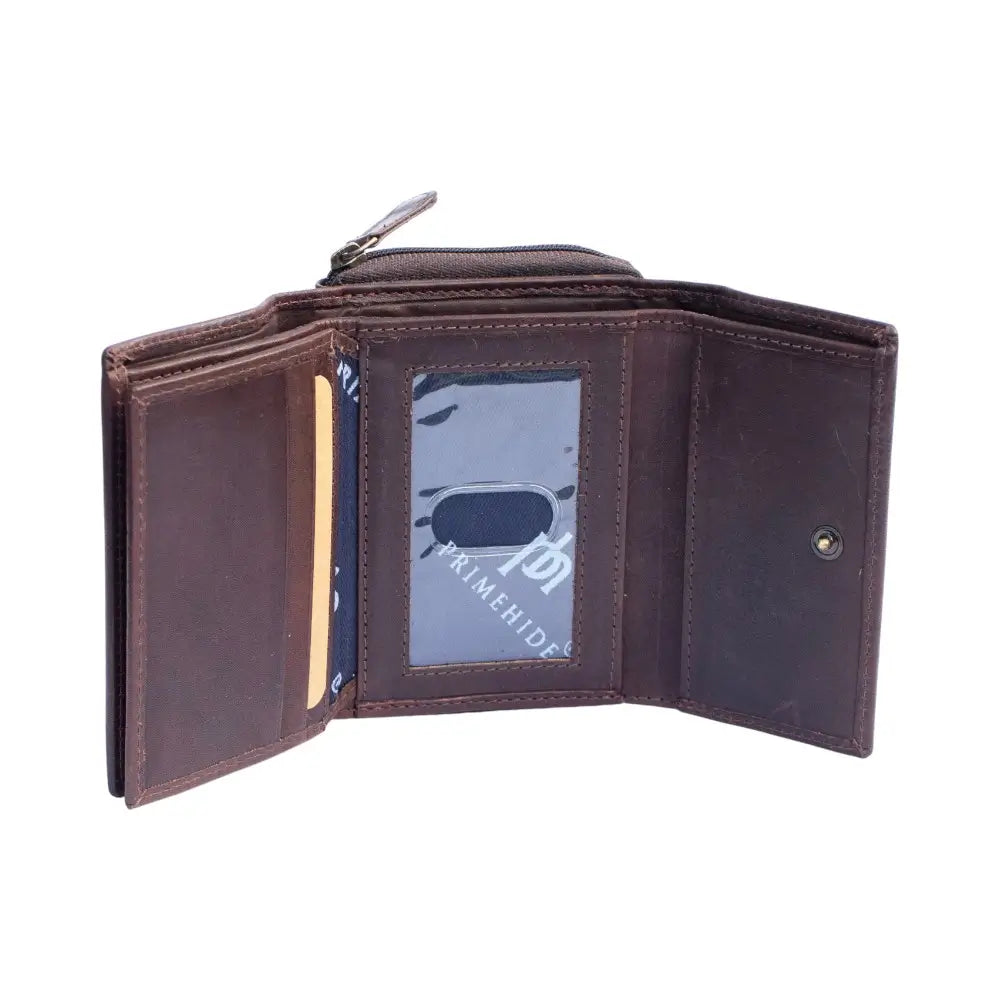 Brown leather wallet with card slots on a white background