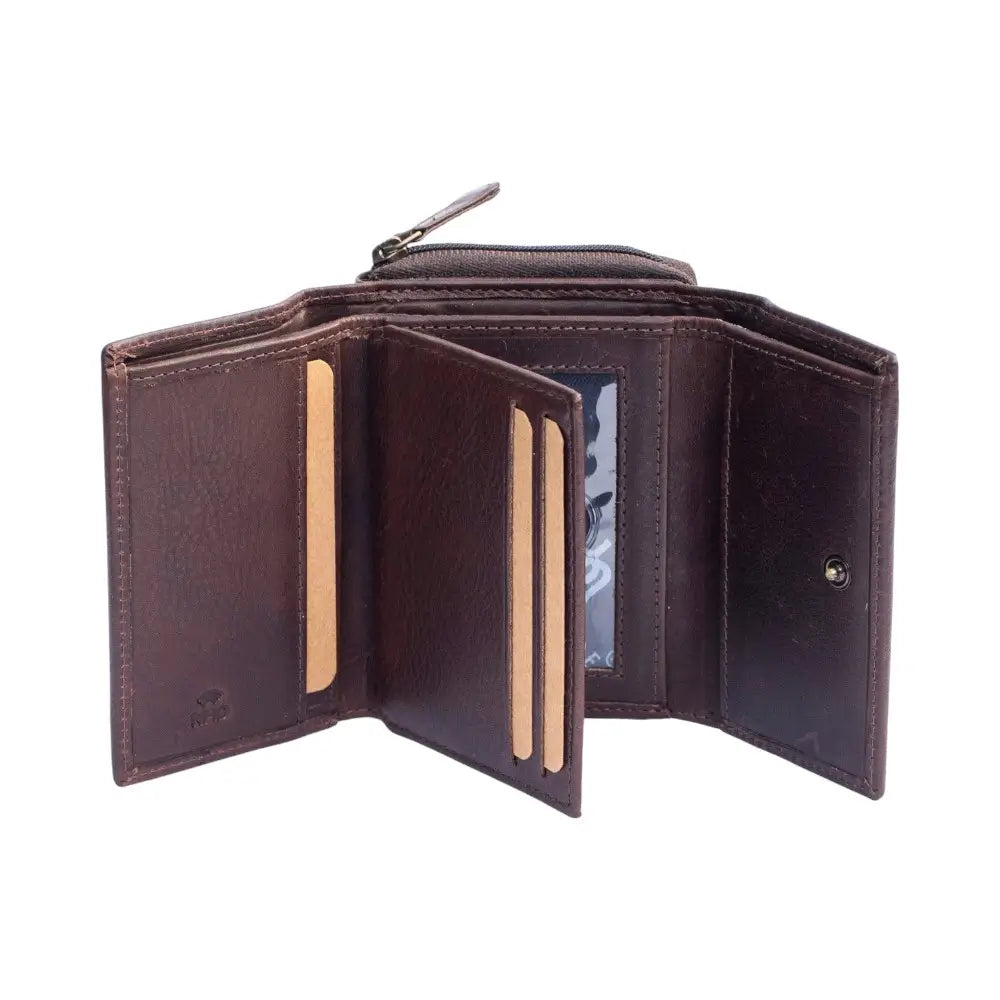 Brown leather wallet open on a white background