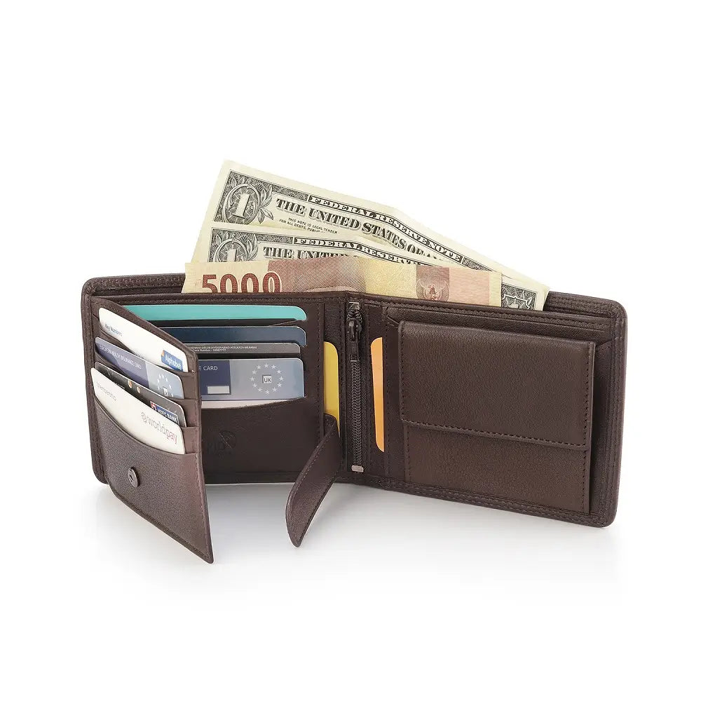 Open view of Brown Washington Bifold Leather Wallet showing multiple card compartments,note section