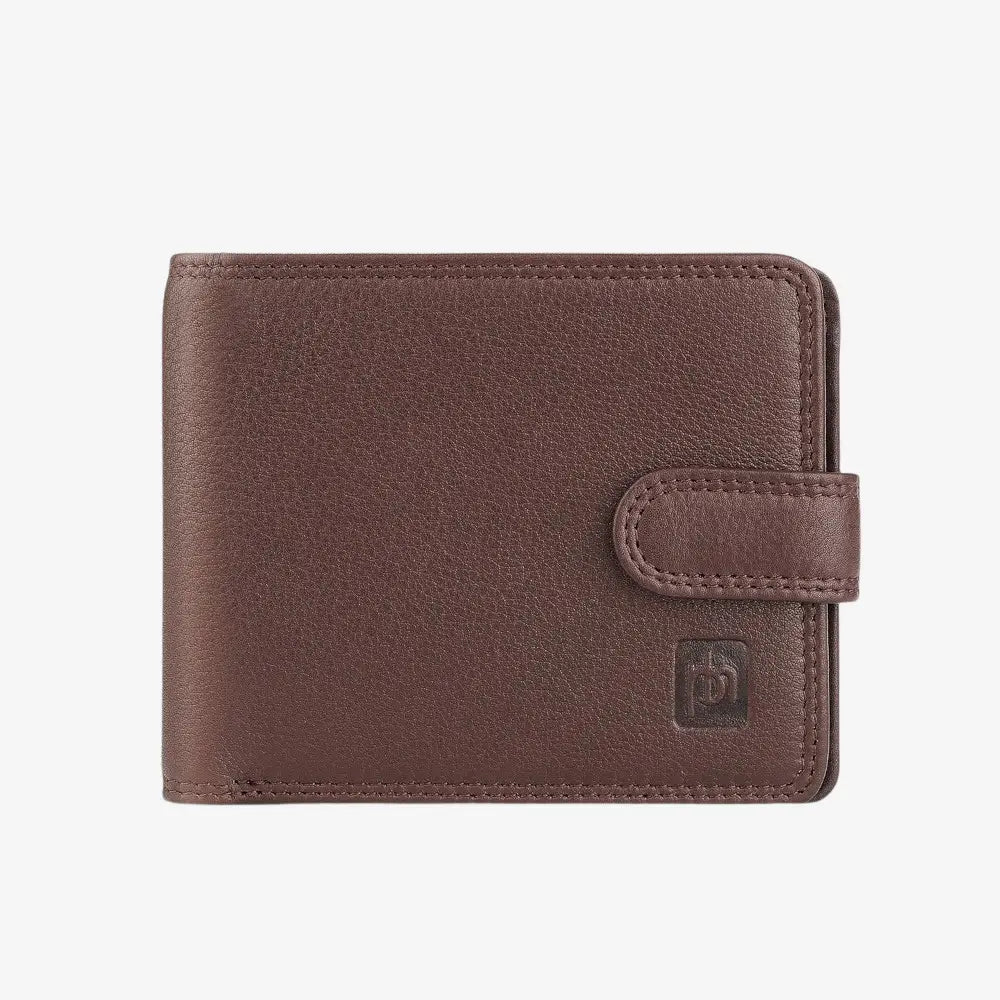 Brown leather wallet with a visible brand logo on a white background