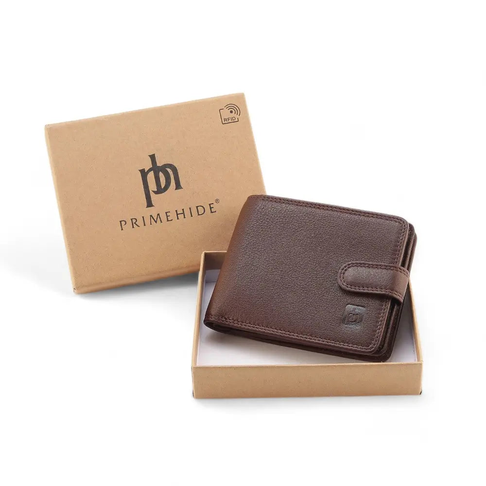 Brown leather wallet in a Primehide branded box on a white background