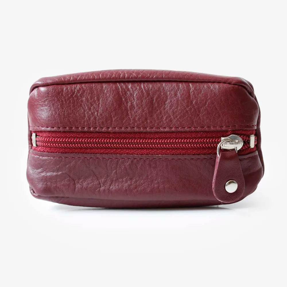 Front view of Burgundy Small Leather Zipper Keyring Pouch on grey background