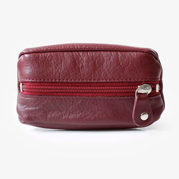 Front view of Burgundy Small Leather Zipper Keyring Pouch on grey background