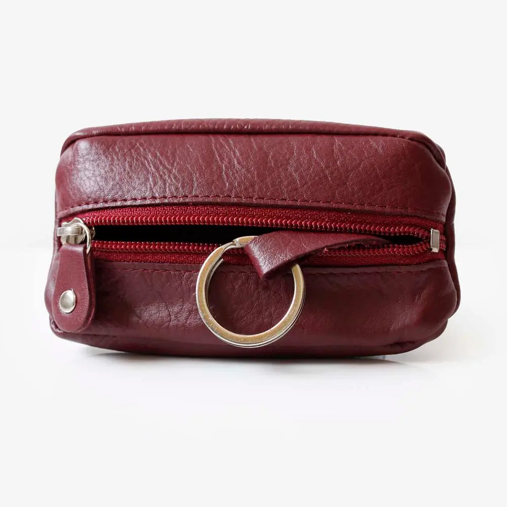 Burgundy Small Leather Zipper Keyring Pouch on grey background