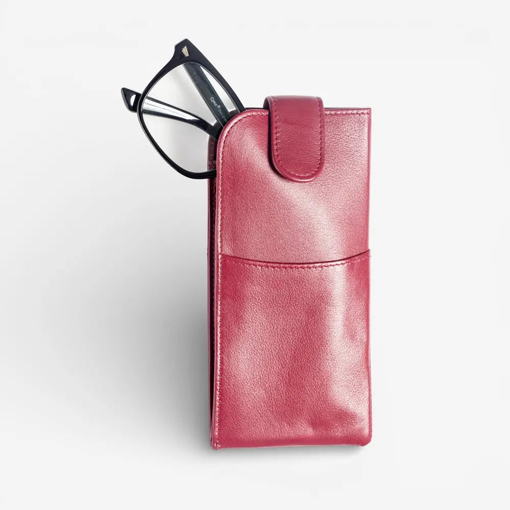 Burgundy glasses case with a pair of glasses on a light gray background