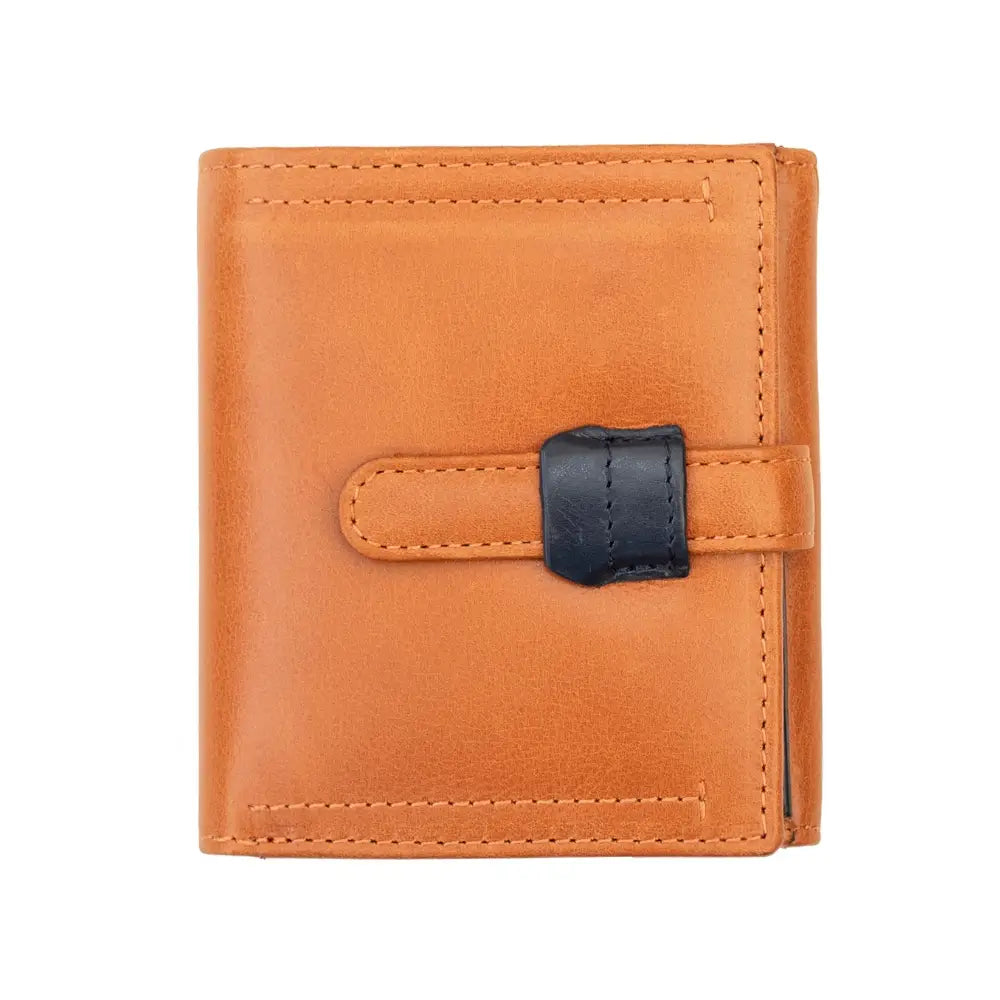 Front view of the Chestnut  Leather Trifold Purse – Orchard, featuring a smooth chestnut finish and a secure loop-and-tab fastening.