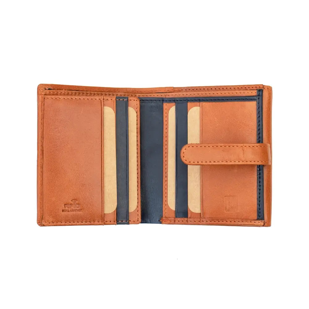 Inside view of the Chestnut Leather Trifold Purse – Orchard showing eight credit card slots, an ID window, and twin note sections.