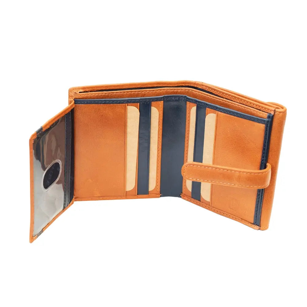 Angled interior view of the Chestnut  Leather Trifold Purse – Orchard, highlighting its organised card slots and central ID window.