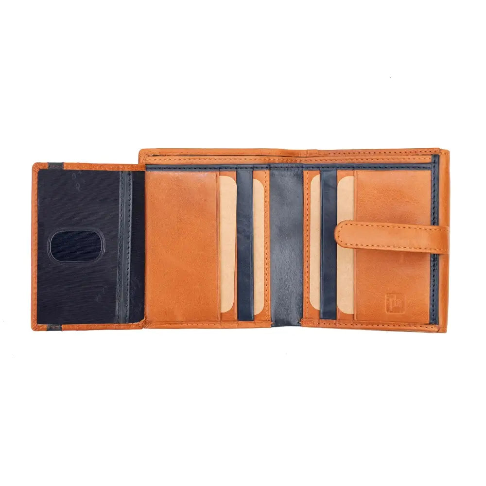 Fully opened Chestnut  Leather Trifold Purse – Orchard displaying all card slots, the ID window, and note sections.