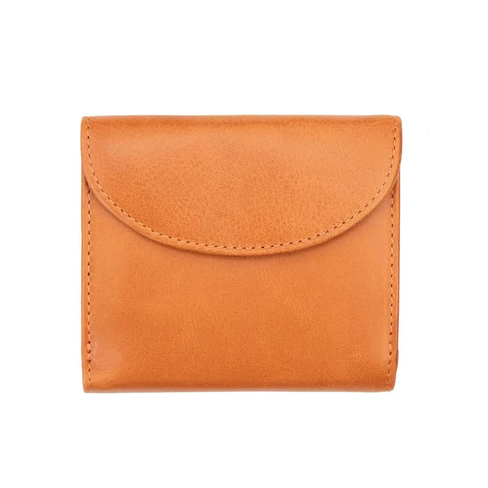 Back view of the Chestnut Leather Trifold  Purse – Orchard showing the buttoned coin pocket with a curved flap design.