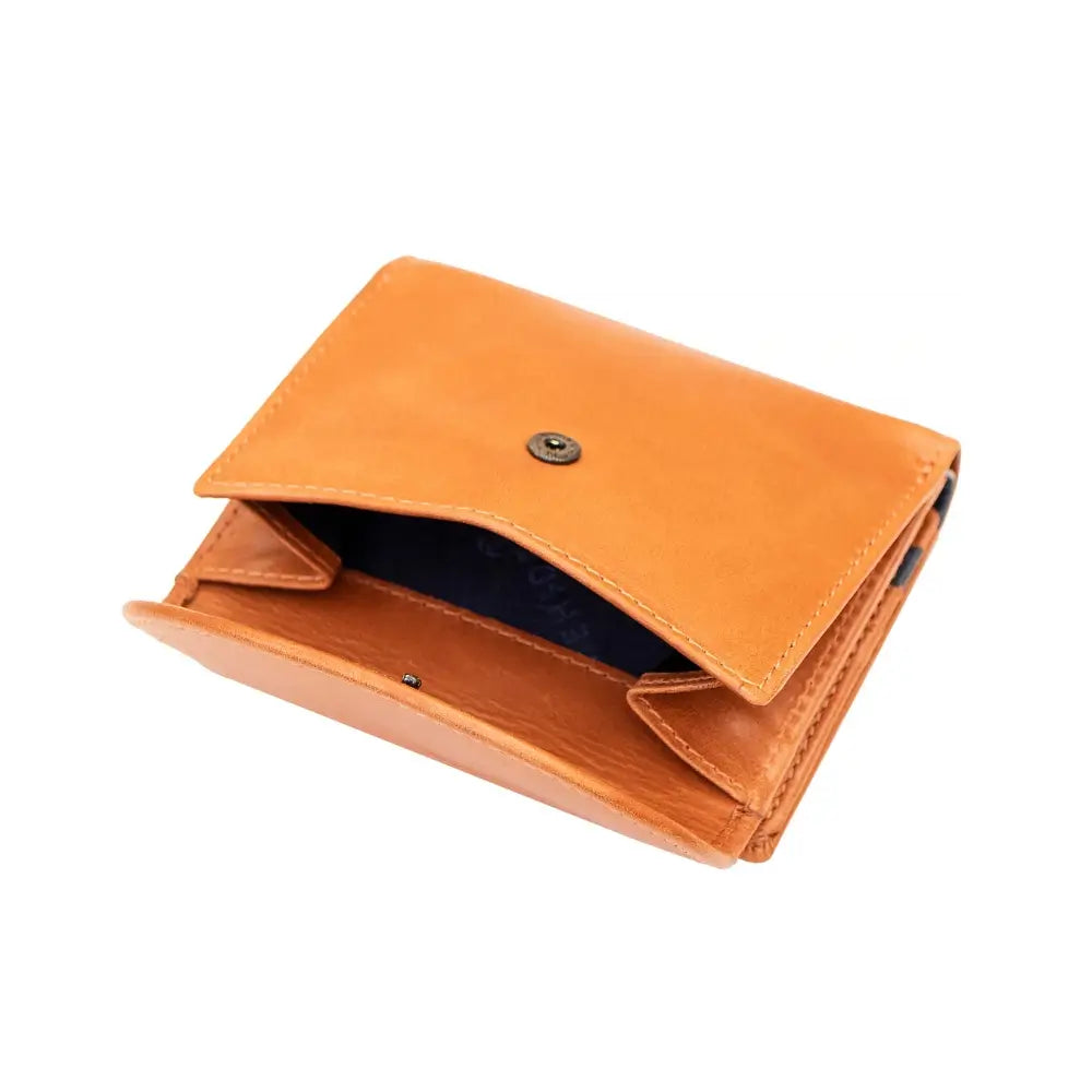 Open coin pocket of the Chestnut  Leather Trifold Purse – Orchard, revealing the spacious, button-secured compartment.