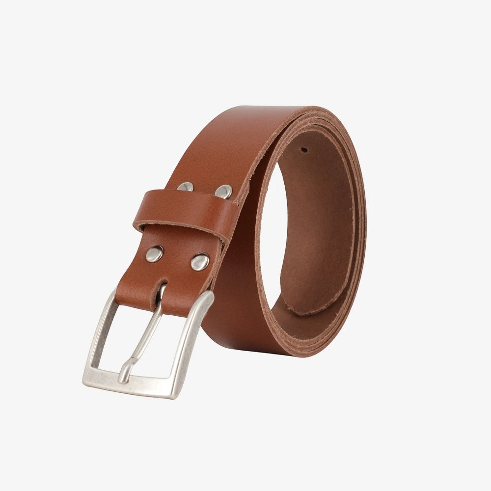 Chestnut leather belt with silver buckle on a white background