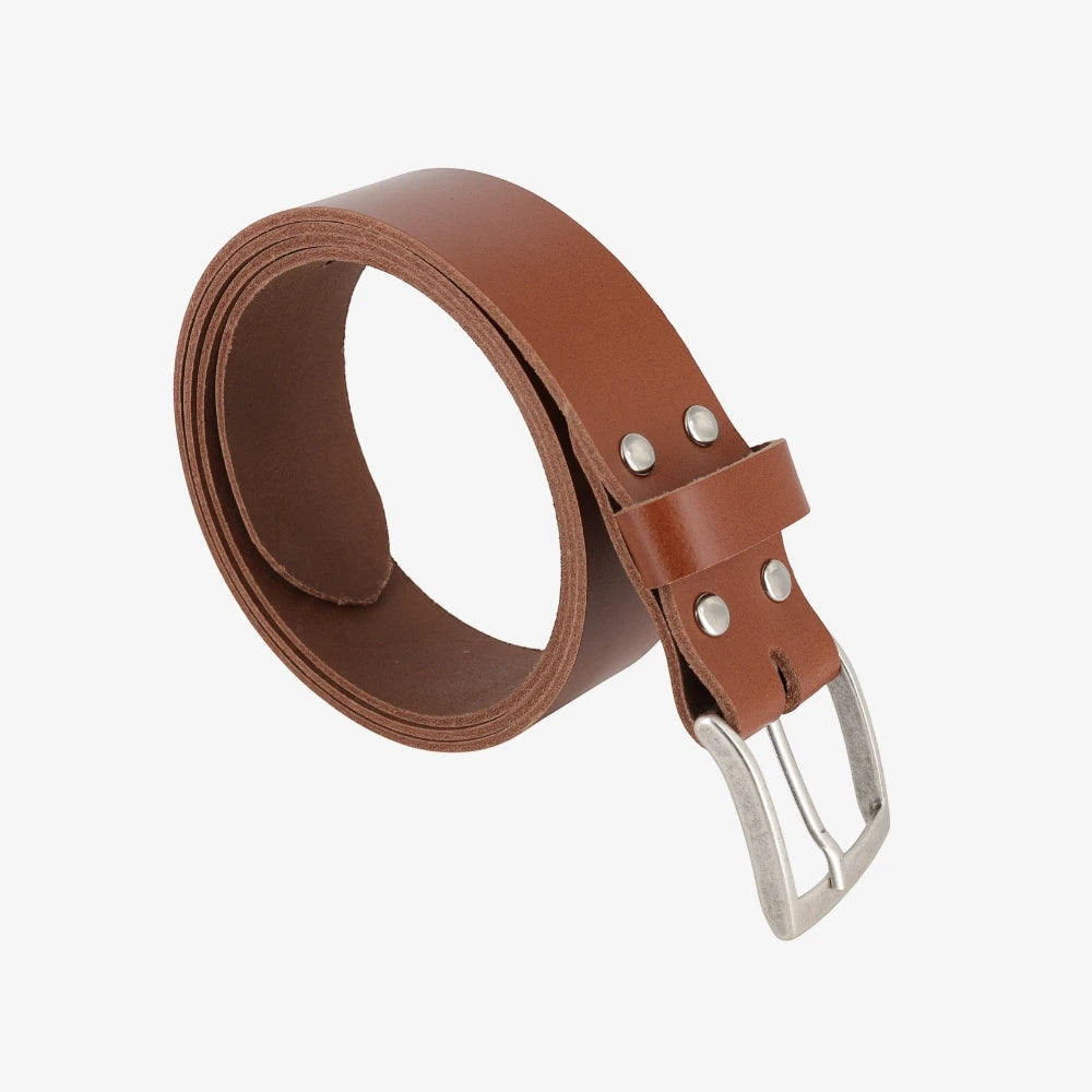Chestnut leather belt with a silver buckle on a white background
