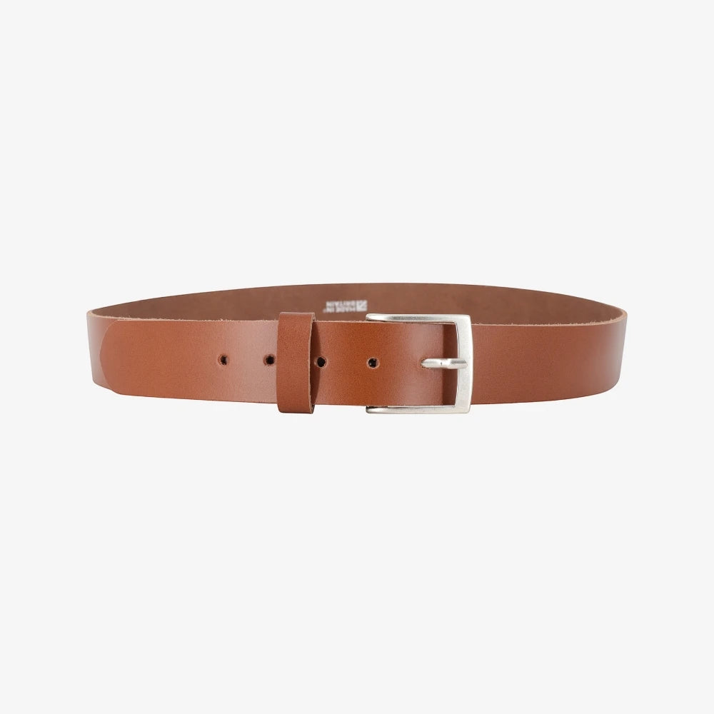 Full width view of Chestnut  leather belt with a silver buckle on a white background
