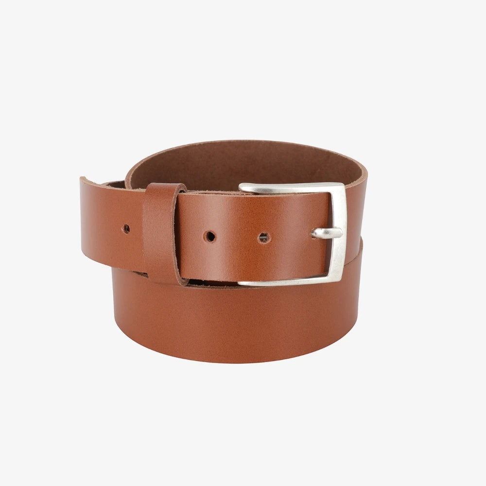 Chestnut  leather belt with a silver buckle on a white background