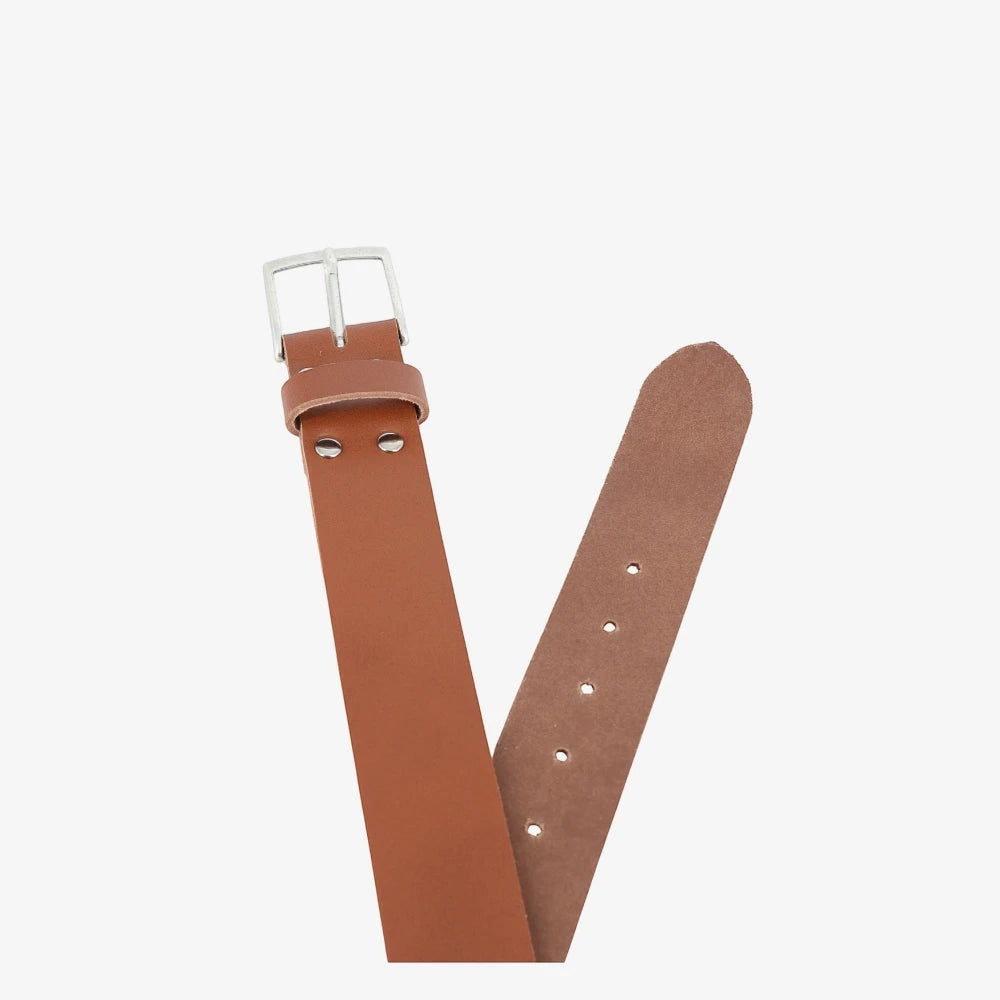 Top angle view of Chestnut  leather belt with silver buckle on a white background