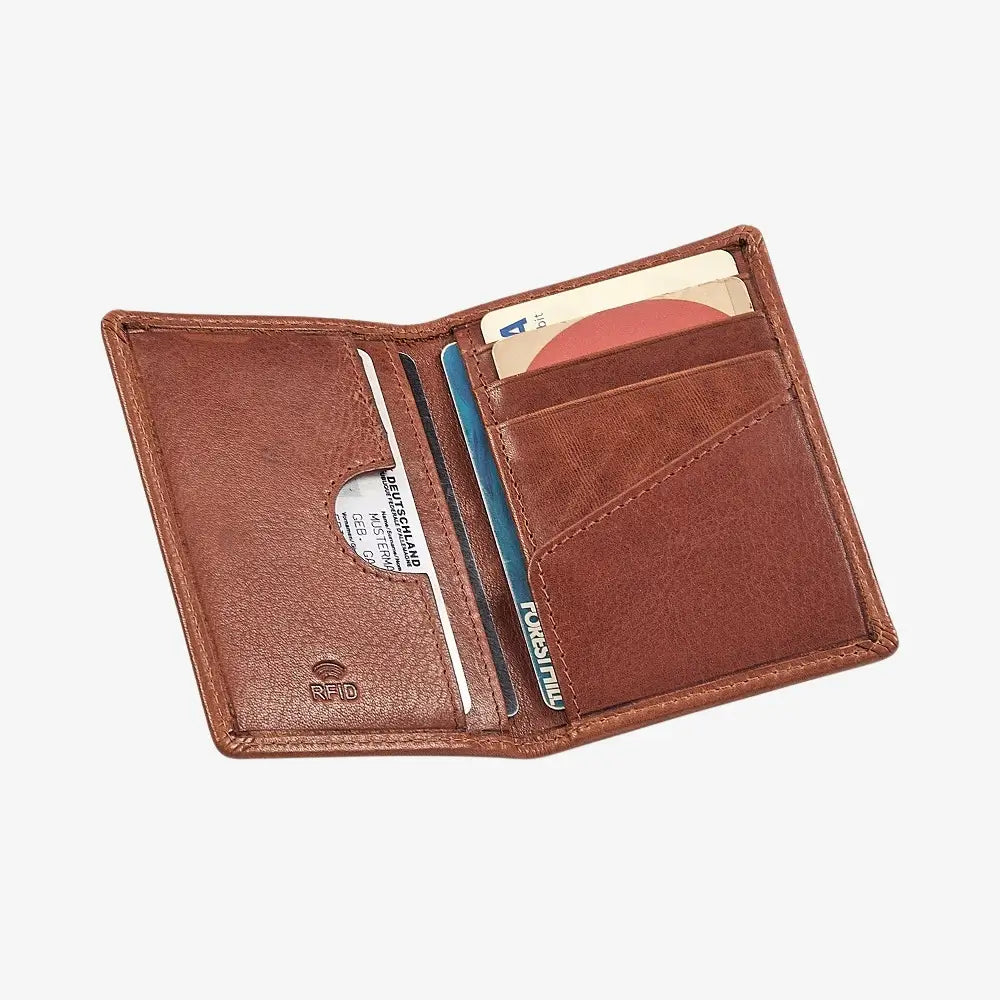Chestnut leather wallet with card slots on a white background