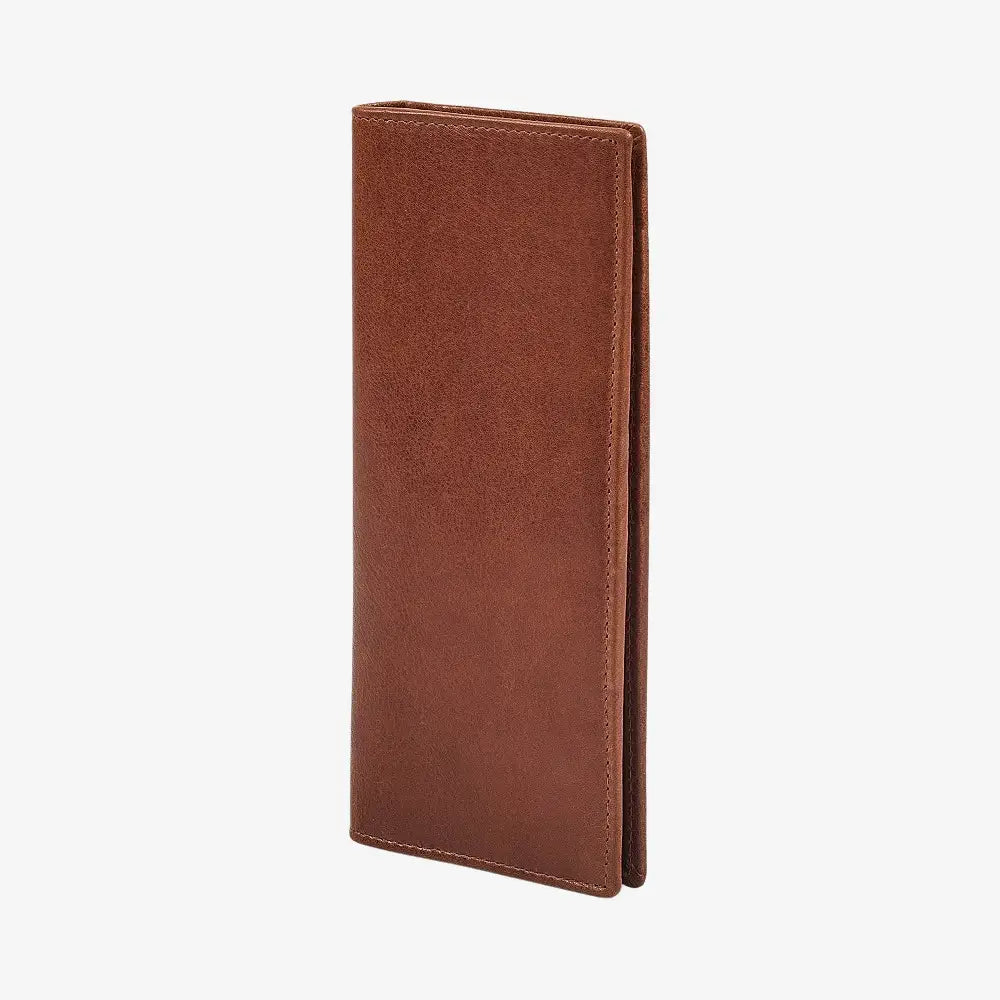Side angle view of Chestnut  leather wallet on a white background