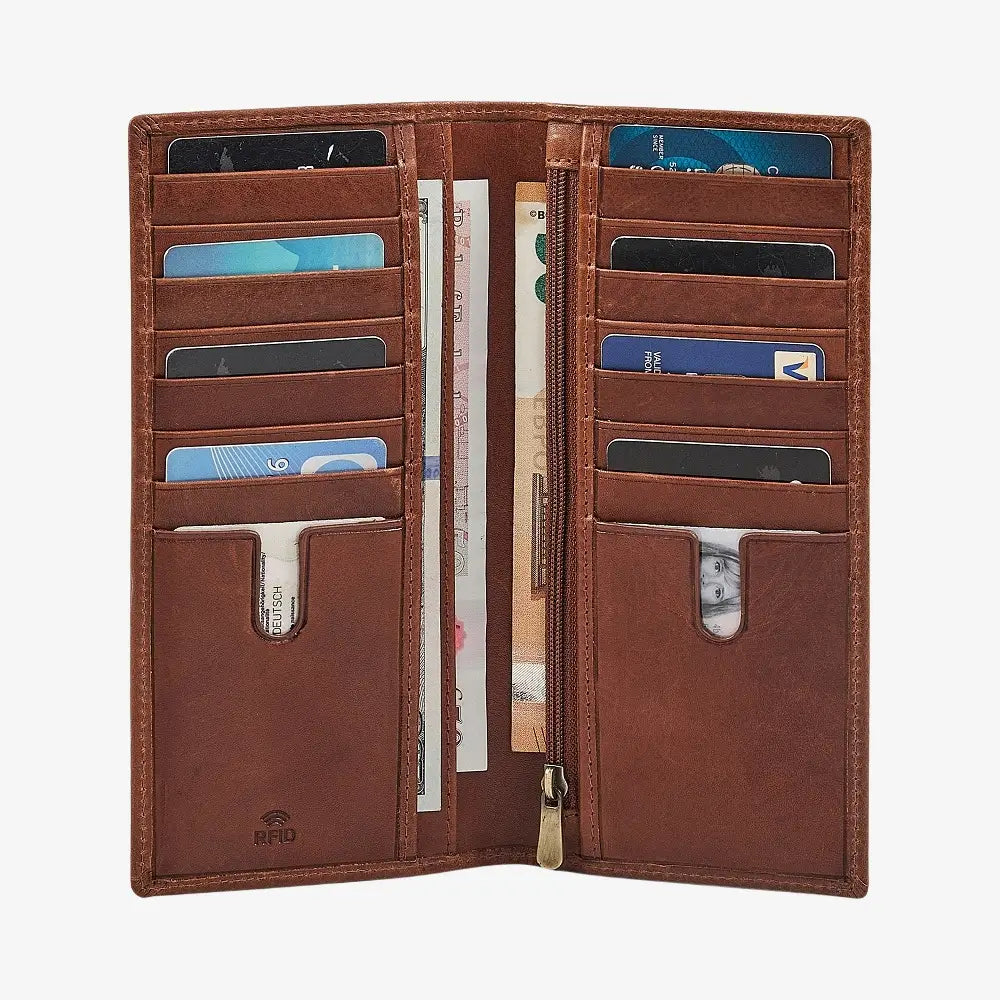 Chestnut leather wallet with multiple card slots and a zipper pocket on a white background