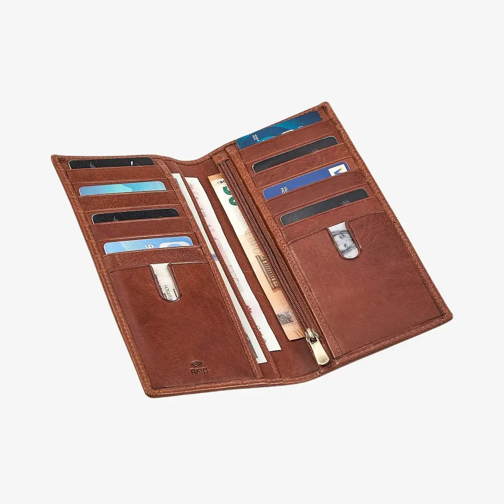 Chestnut leather wallet with multiple card slots and a pen holder on a white background