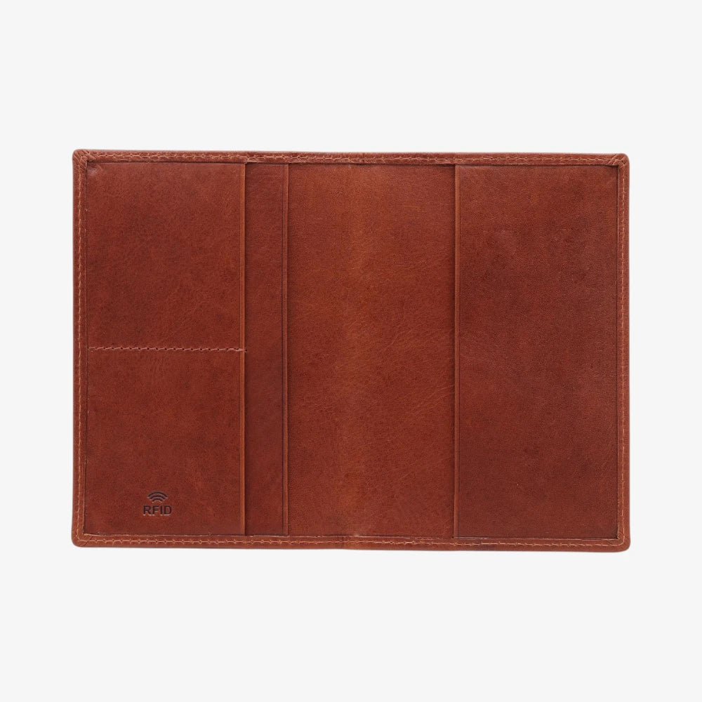 Open view of Chestnut leather passport holder on a white background