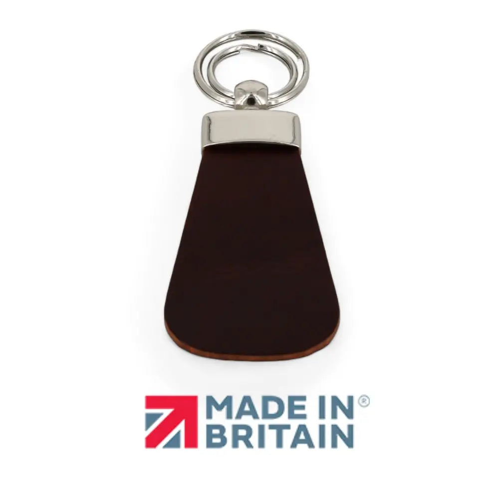 Chocolate leather keychain with silver ring on a white background, featuring 'Made in Britain' logo.