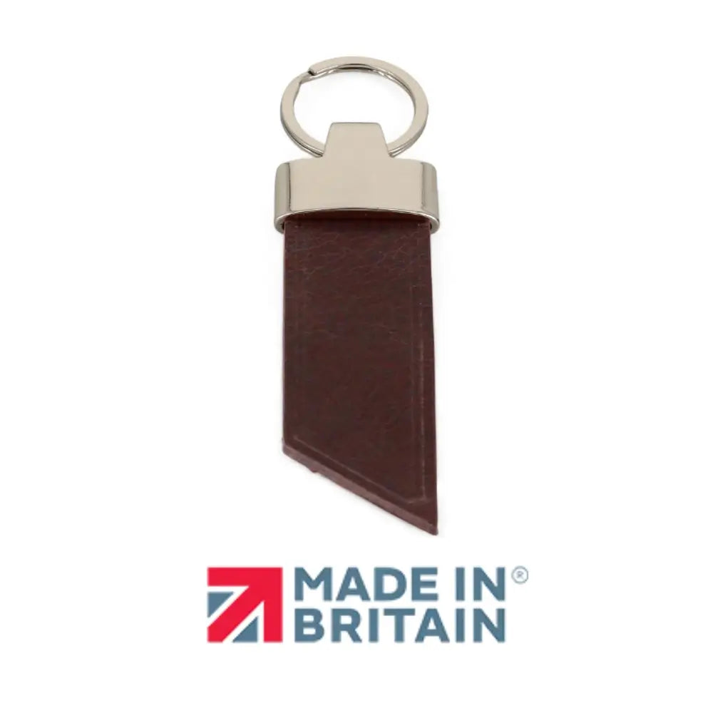 Chocolate leather keychain with silver ring on a white background, featuring 'Made in Britain' logo.