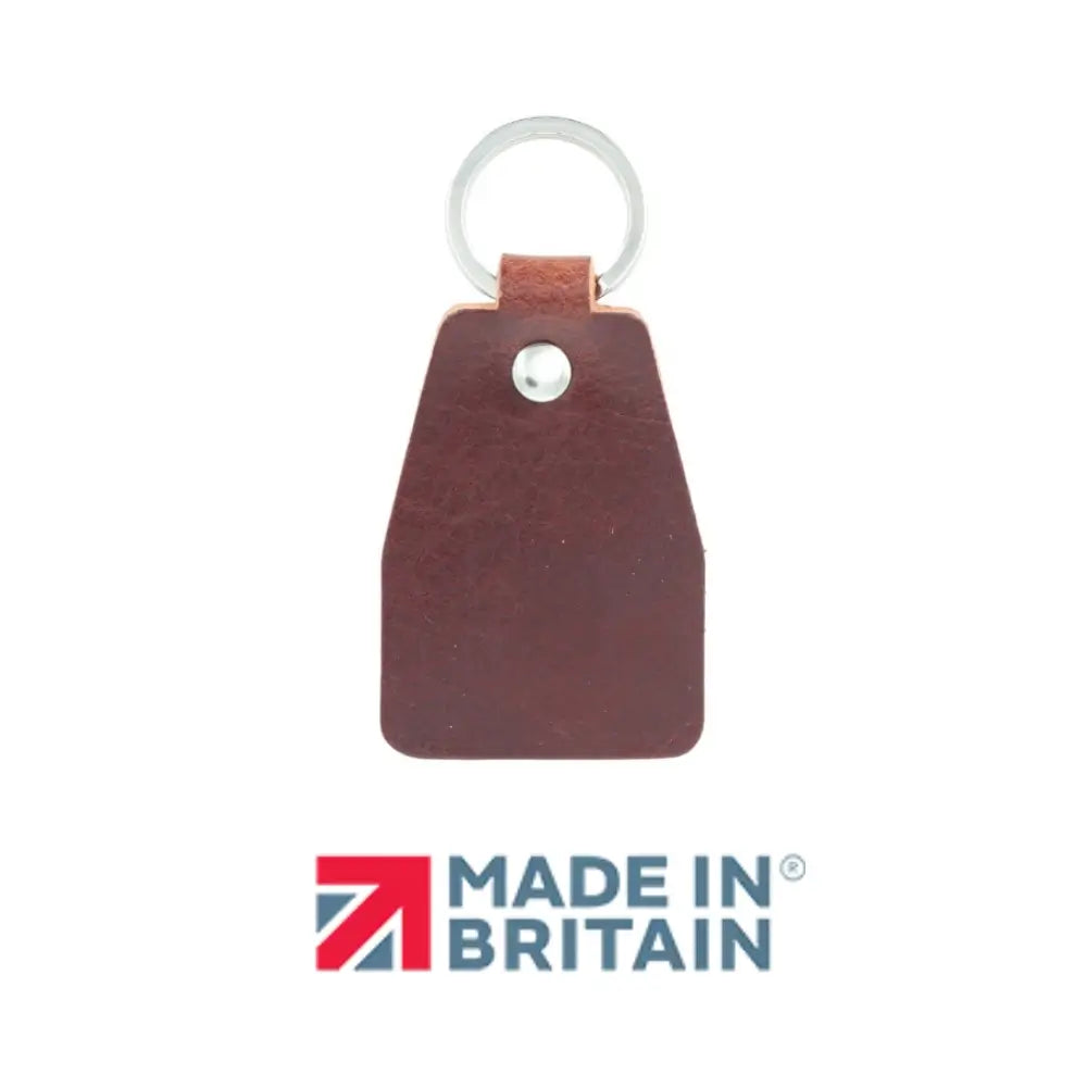 Chocolate leather keychain with a metal ring on a white background, featuring 'Made in Britain' logo.