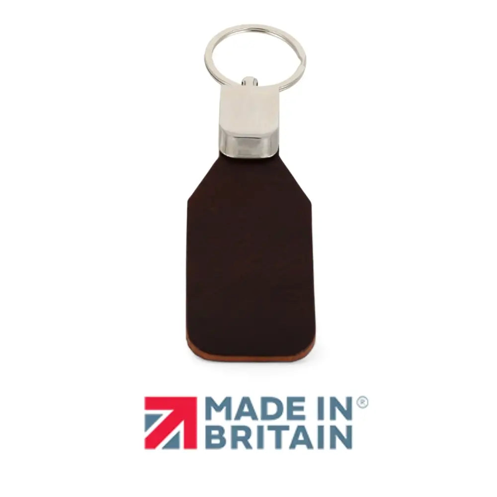 Chocolate leather key fob with silver ring on a white background, featuring 'Made in Britain' logo.