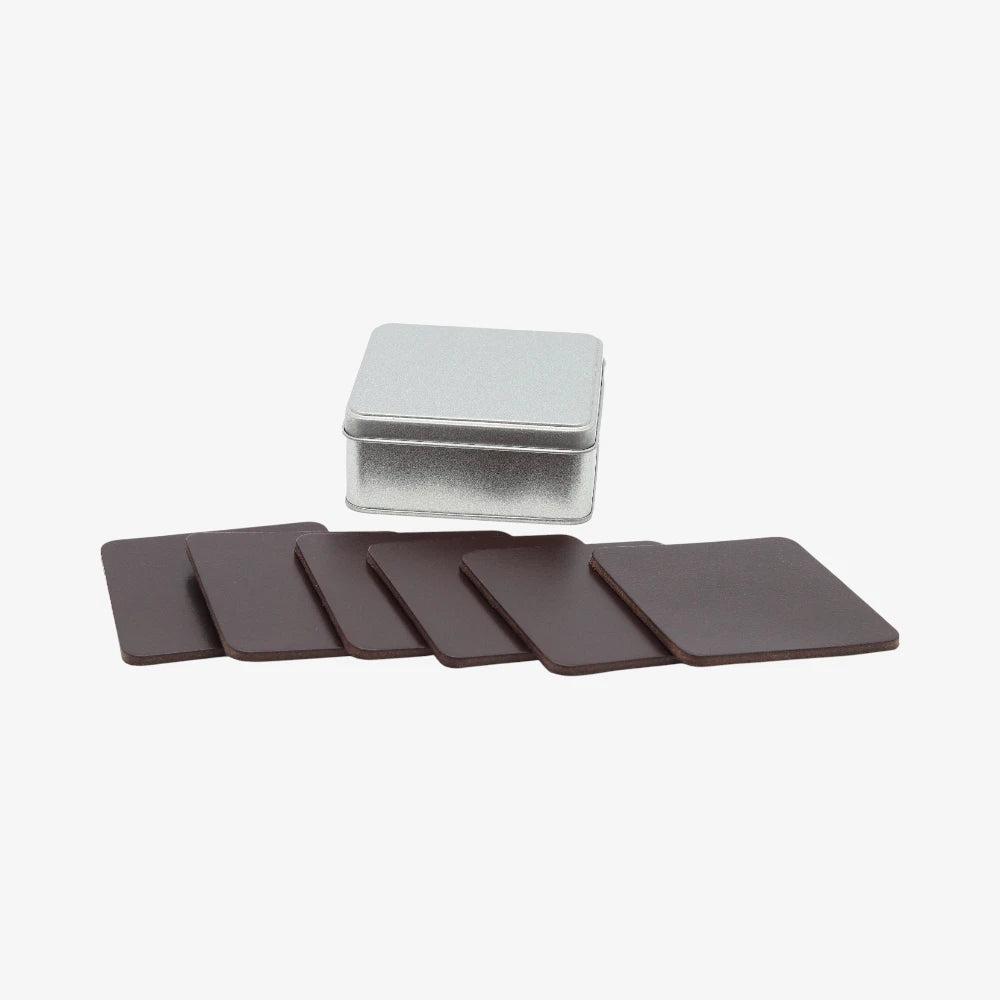 Premium chocolate leather drink coasters UK  on a white background