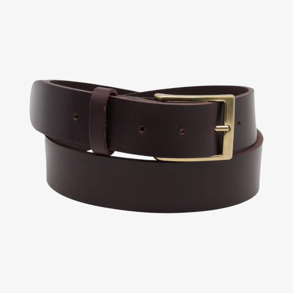 Chocolate leather belt with a gold buckle on a white background