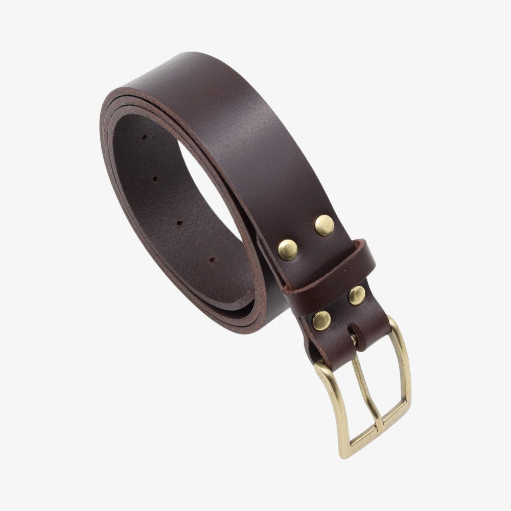 Chocolate leather belt with gold buckle on a white background