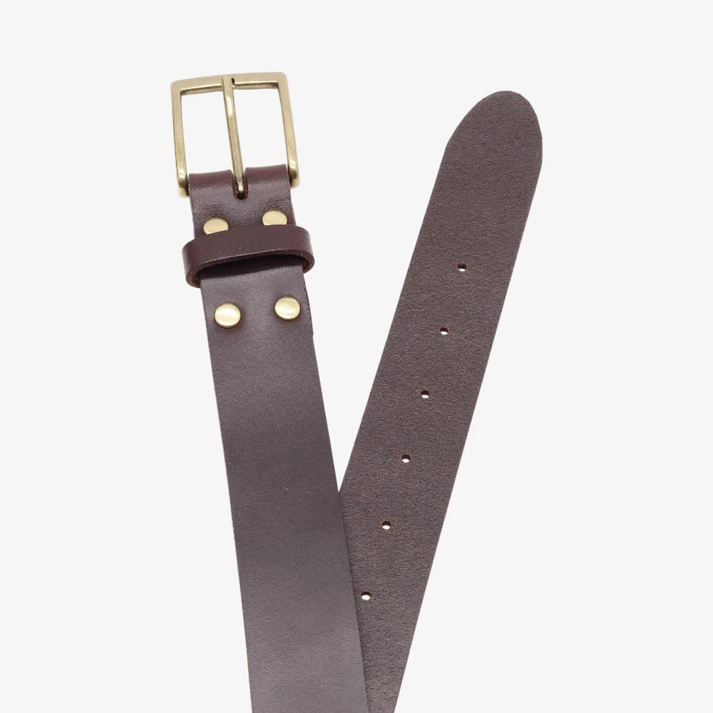 Top angle view of Chocolate leather belt with brass buckle on a white background