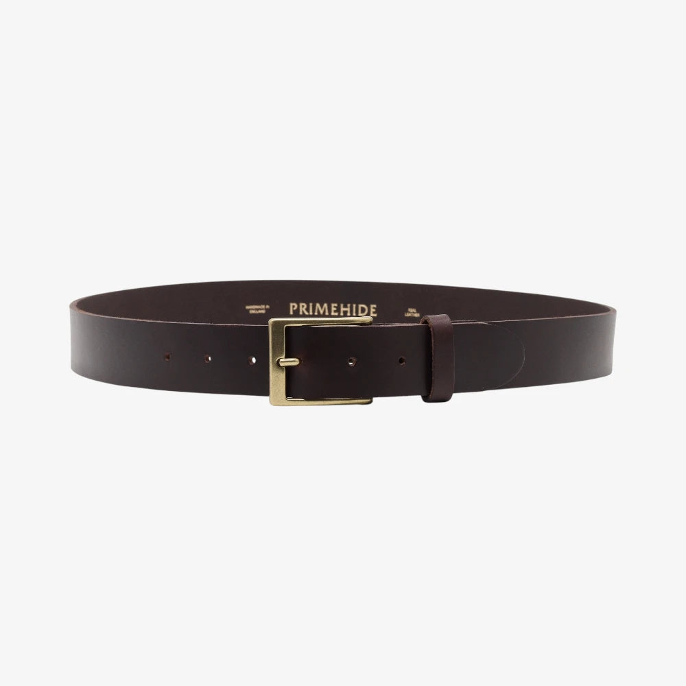 Full width view of Chocolate  leather belt with gold buckle on a white background