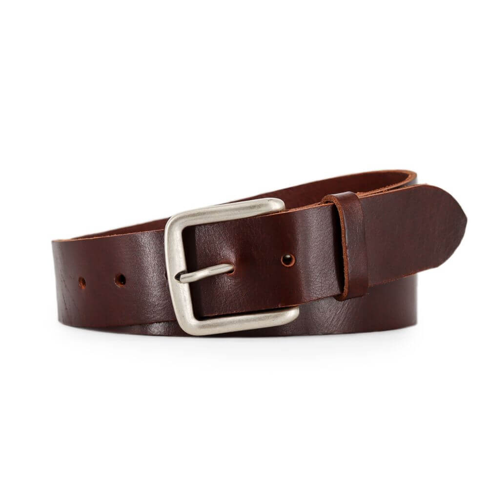 Brown leather belt with a silver buckle on a white background