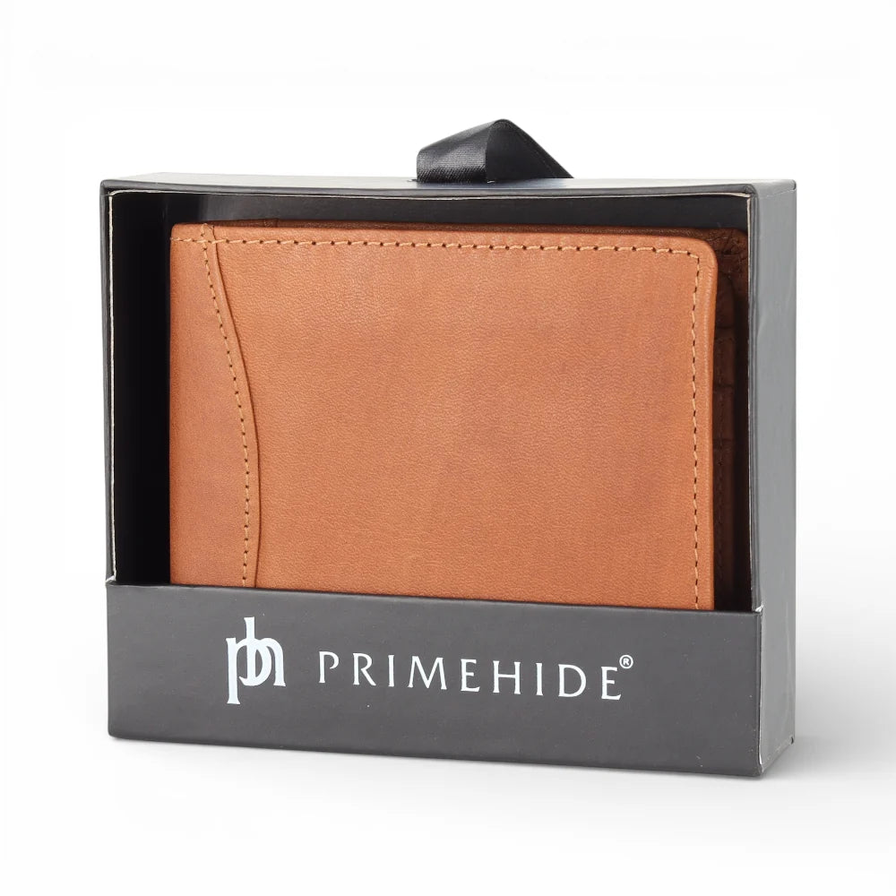 Cognac leather wallet in a PRIMEHIDE box on a white background