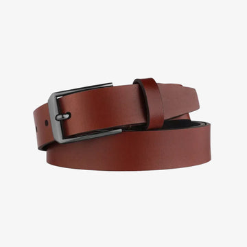 Cognac leather belt with a silver buckle on a white background