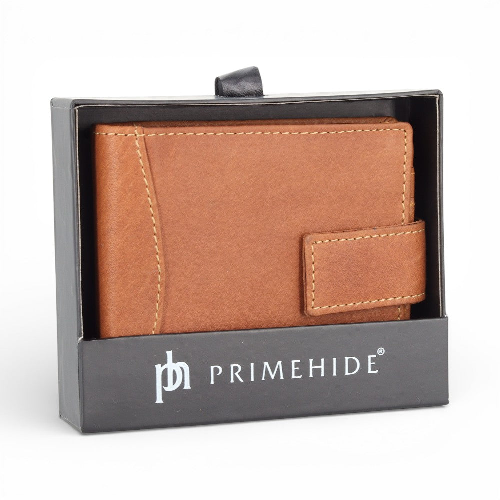 Cognac leather wallet in PRIMEHIDE packaging on a white background