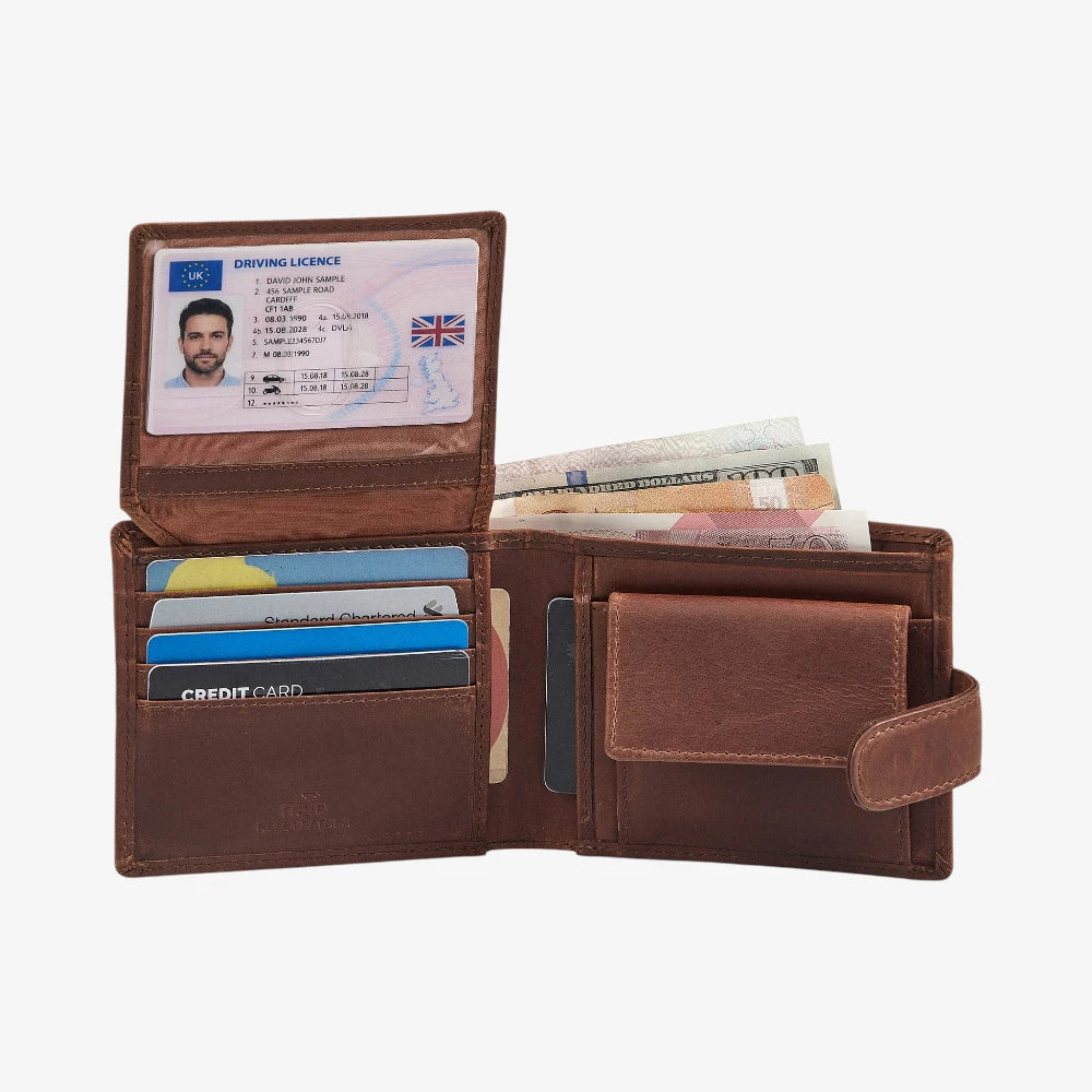 Cognac genuine leather flap over wallet with coin pocket