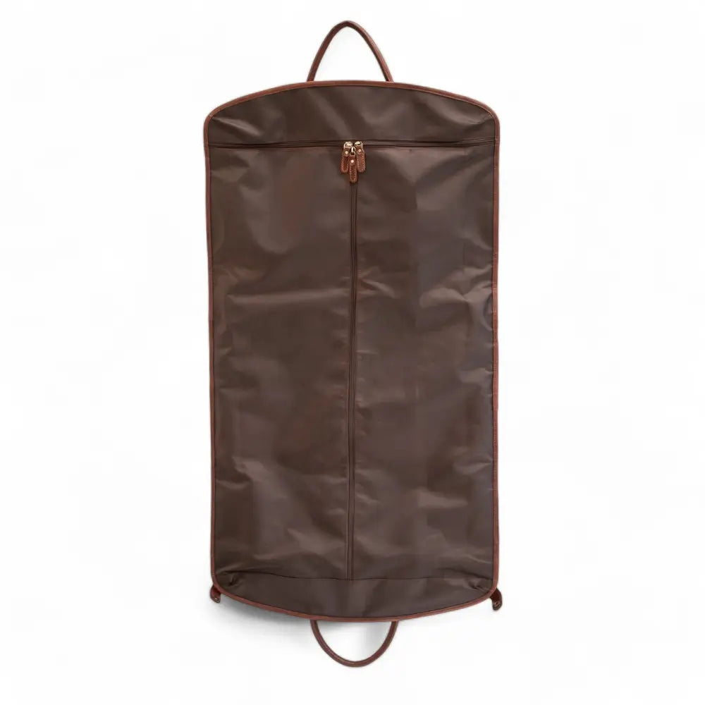 Cognac garment bag with a zipper on a white background
