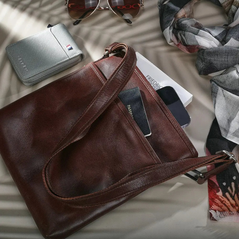 Velura large crossbody bag for women in cognac leather