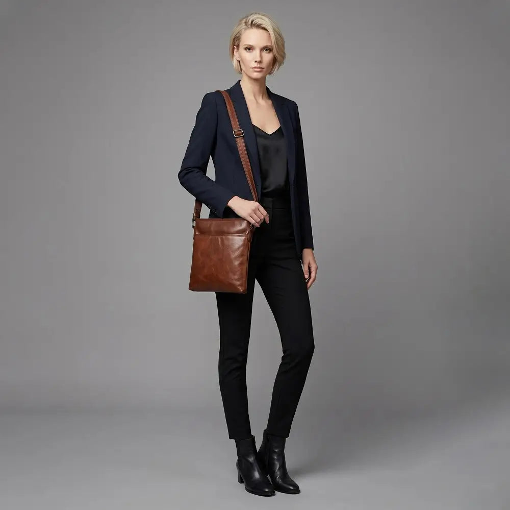 Woman holding a cognac leather bag against a gray background